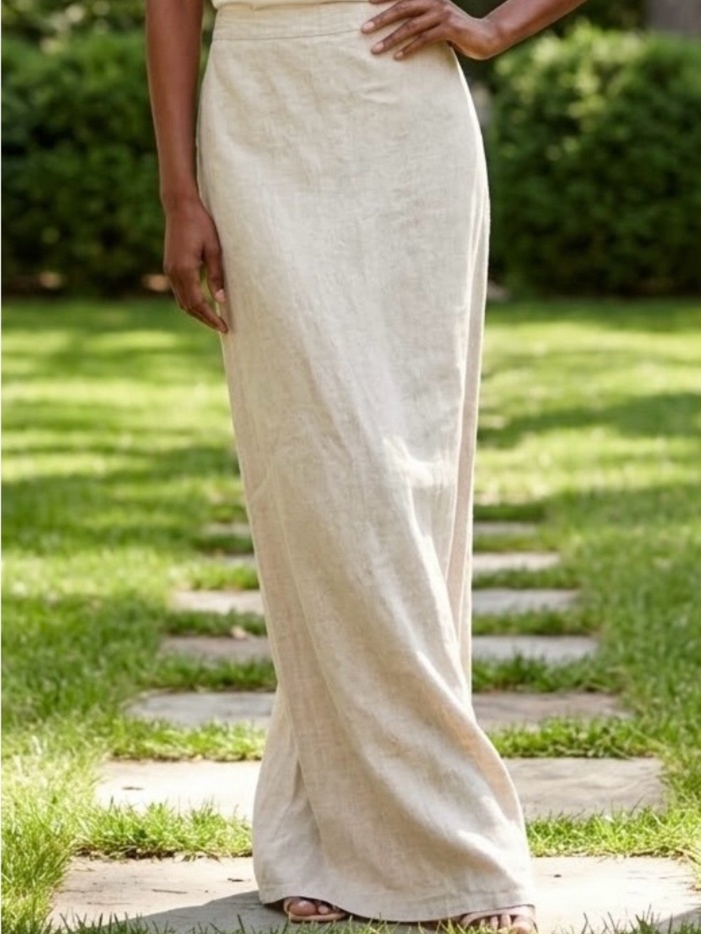 Kaliyana Artwear Linen Blend Natural Beige Classic BoHo Maxi Skirt-L